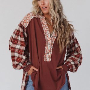 Women's round neck plaid printed loose long sleeve top