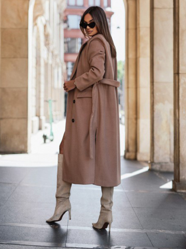 Women's simple long-sleeved solid color suit collar tie-up woolen jacket - Image 10