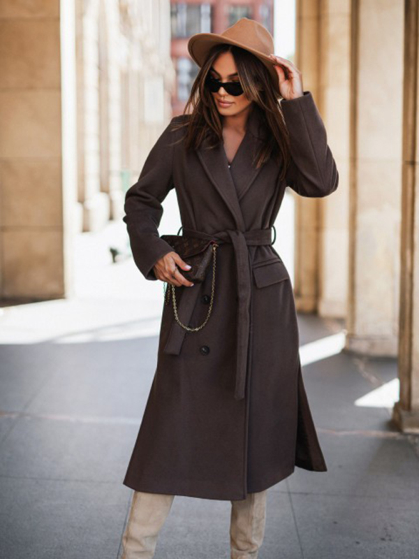 Women's simple long-sleeved solid color suit collar tie-up woolen jacket - Image 4