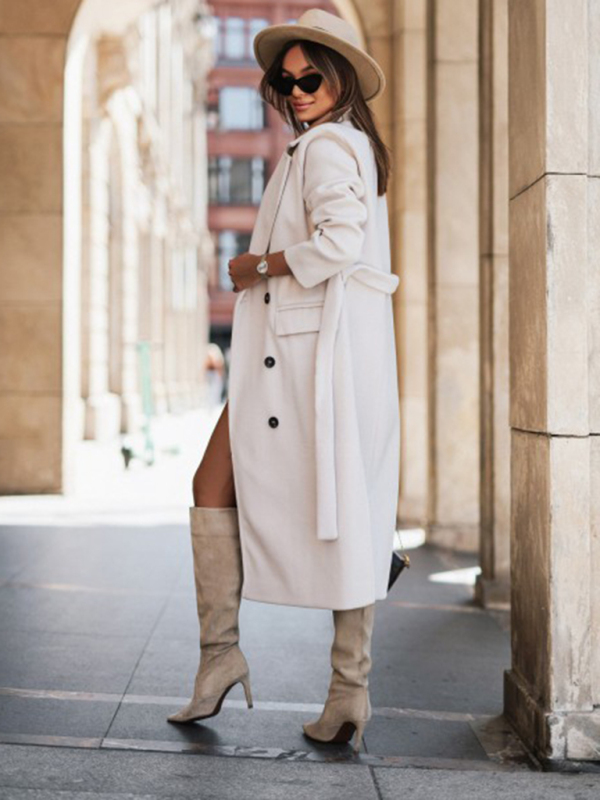 Women's simple long-sleeved solid color suit collar tie-up woolen jacket - Image 9