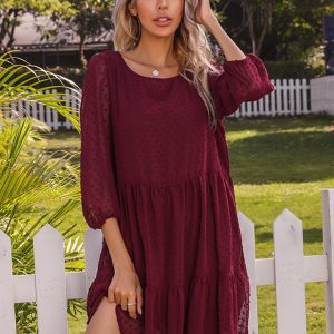 Women's new fashion solid color splicing lace loose dress