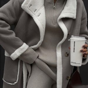 Women's patch pocket gray and white color block coat lapel one-piece fur coat