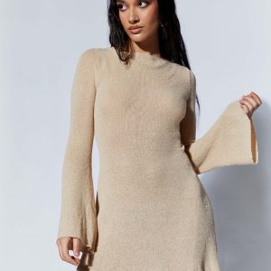 Women's bell sleeves backless striped slim knitted dress