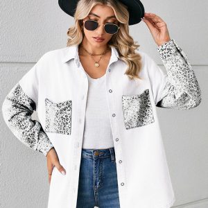 New loose leopard print patchwork denim shirt long sleeve top cardigan