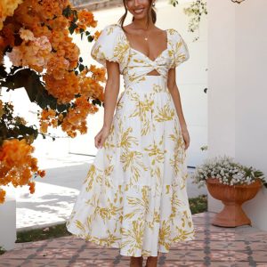 Women's Slim Fit Printed Puff Sleeve Swing Dress