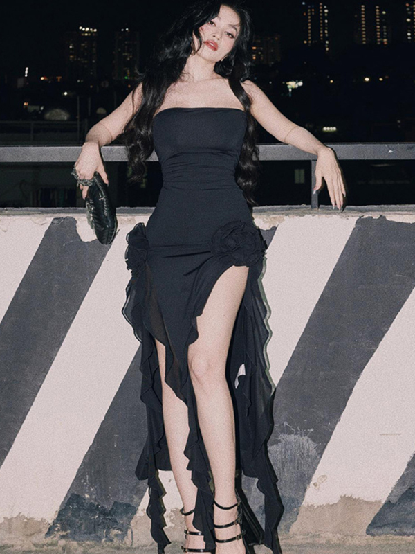 Women's Sexy Style Breast-Wrapped Splicing Lace Exposed Leg-Slit Dress - Image 14