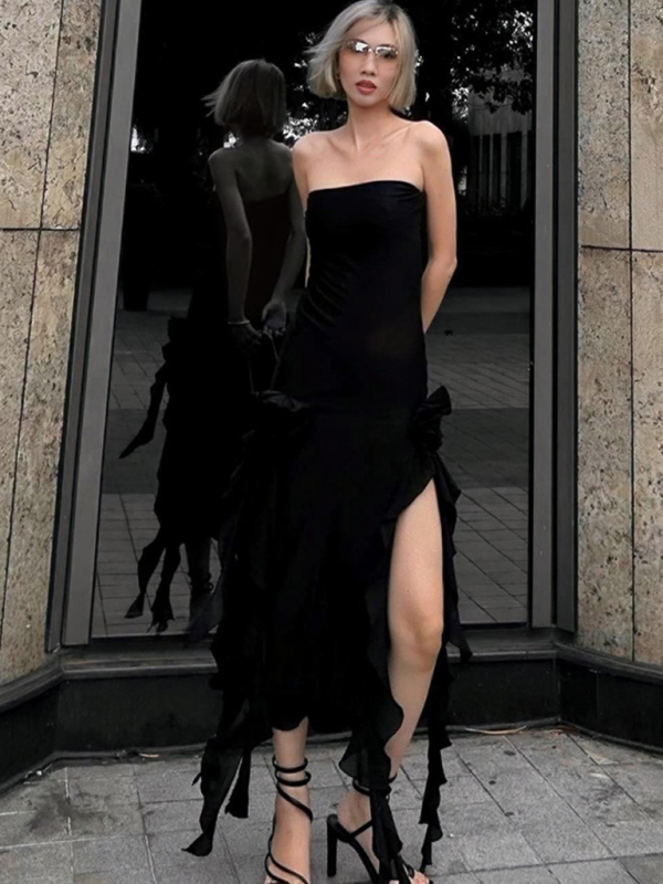 Women's Sexy Style Breast-Wrapped Splicing Lace Exposed Leg-Slit Dress - Image 15