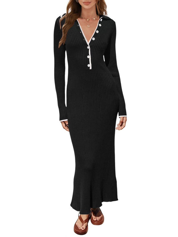 New fashionable lapel knitted slim fit hip-hugging long-sleeved dress - Image 11
