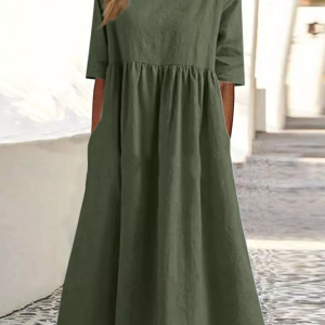 New round neck 5-quarter sleeves large size casual loose long solid color dress