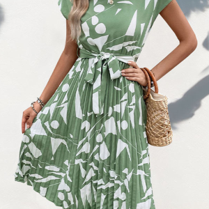 Ladies new geometric pattern print pleated dress