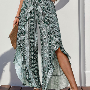 New arrival printed ruffled wide-leg trousers with slits