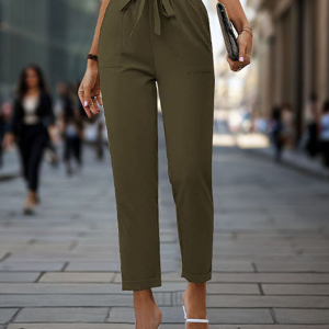 New solid color lace-up elastic waist trousers simple temperament commuter tapered trousers