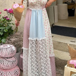 New Fashion Sleeveless Sweet Halter Neck Floral Splicing Holiday Dress