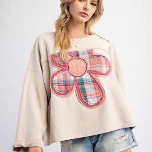 Women's Colorblock Floral Patch Top Casual Loose Sweatshirt