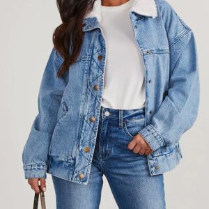 Autumn and Winter Jacket Denim Cotton Loose Fur Collar Large Lapel Double Pocket Quilted Jacket