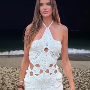 Fashionable slim sexy halter neck hollow waist knitted irregular dress