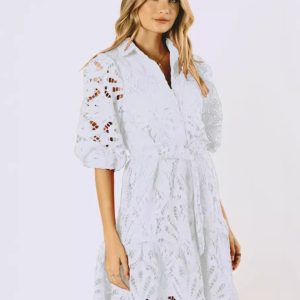 New Sexy Hollow Lace Flower Mid-Sleeve Commuter Button Shirt Dress