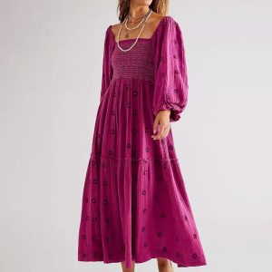 New casual embroidered square collar sunflower rose red dress