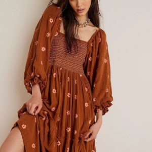 New Casual Embroidered Square Neck Sunflower Brown Dress