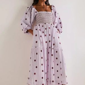 New casual embroidered square collar sunflower light purple dress
