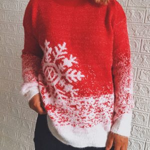 Women's Half Turtleneck Long Sleeve Snowflake Colorblock Knit Christmas Sweater Sweater