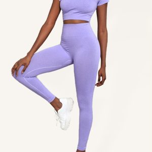 Women's Solid Color Seamless Exercise Yoga Short Sleeve + Pants Two-Piece Suit
